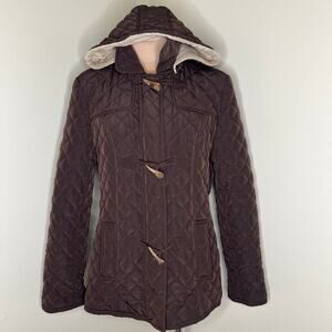 Esprit Quilted Jacket Large Womens Brown Toggle Hooded Fleece Lined Coat Winter